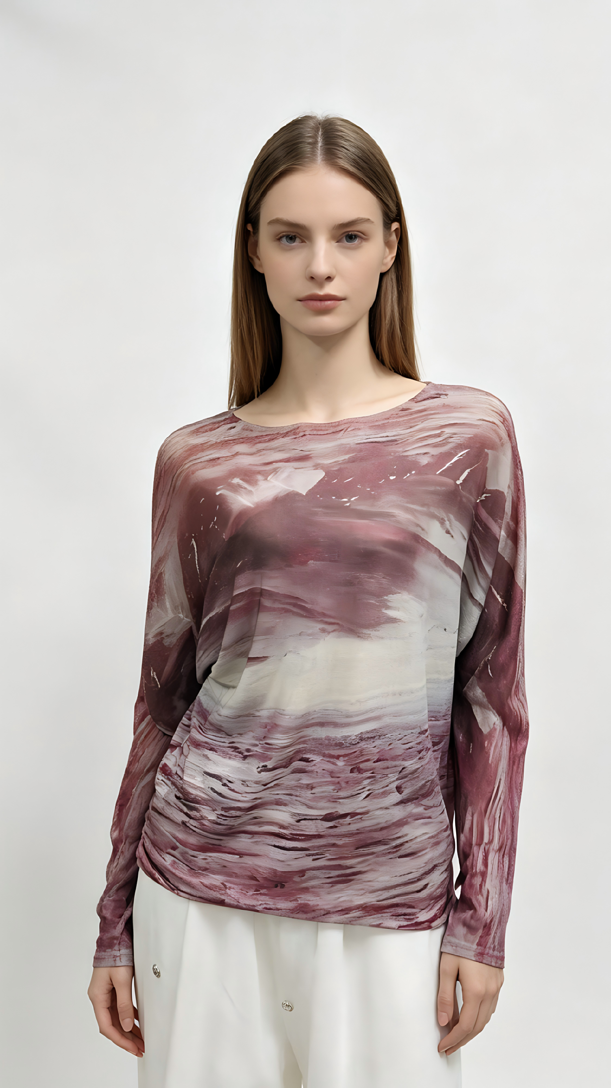 Burgundy Marble Print Batwing Long Sleeve Top
