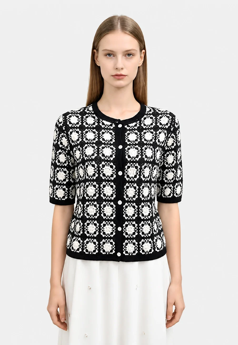 Black White Crochet Floral Square Knit Cardigan