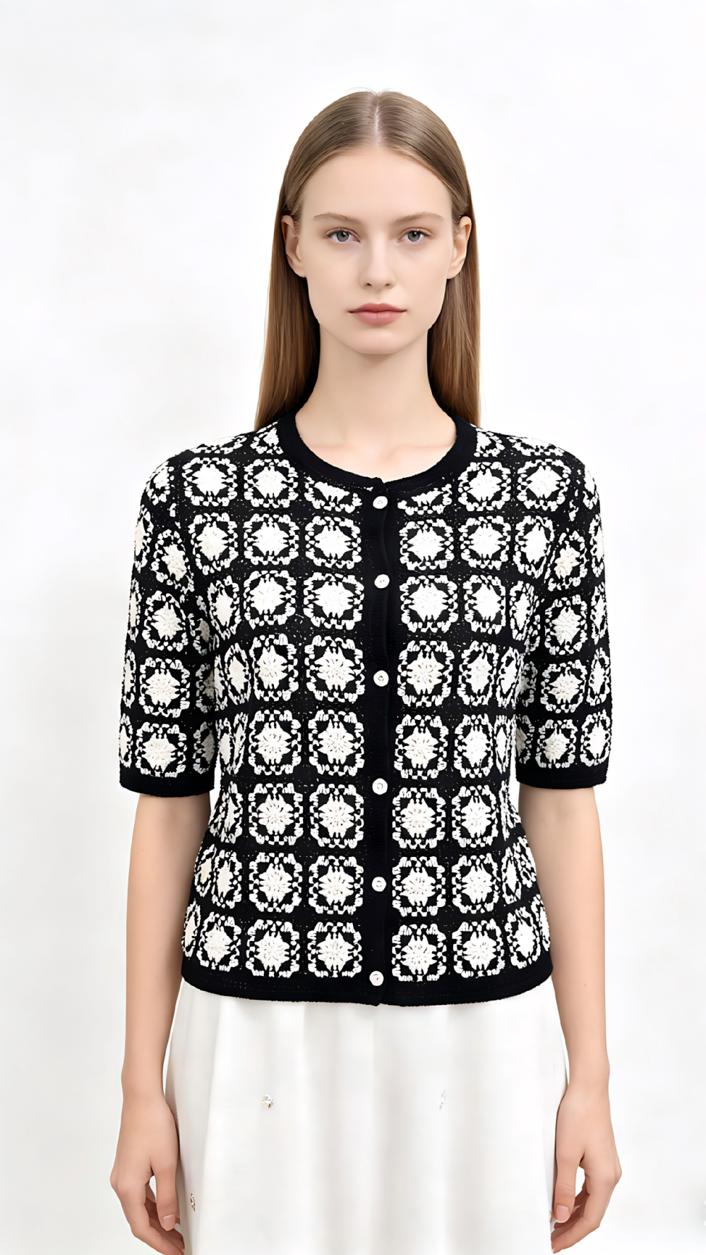 Black White Crochet Floral Square Knit Cardigan
