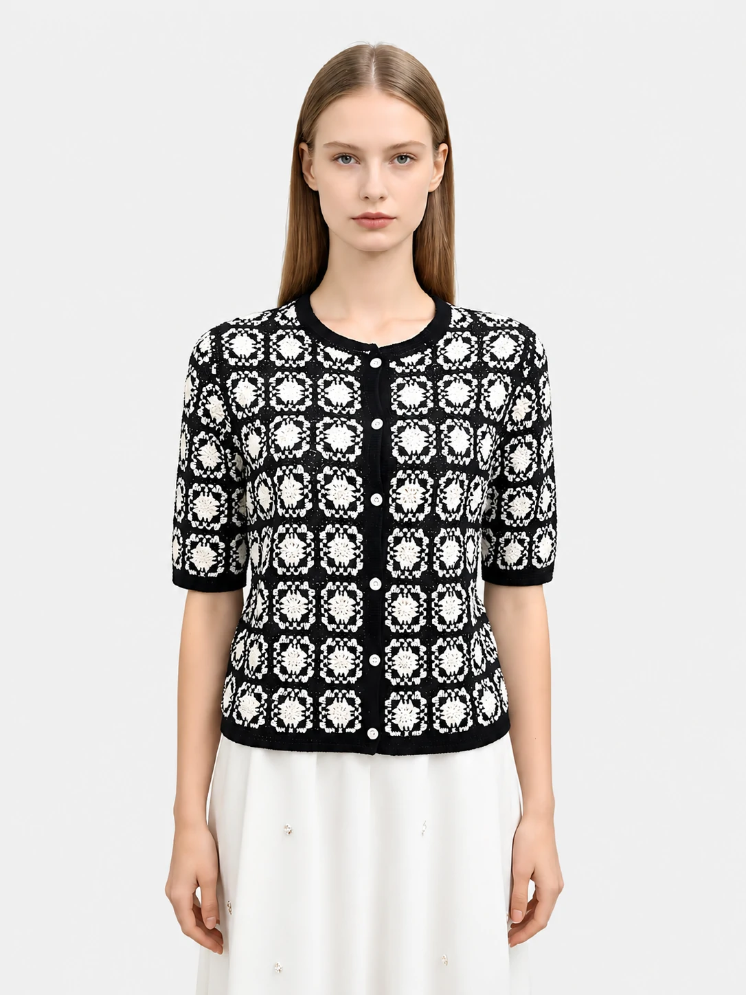 Black White Crochet Floral Square Knit Cardigan 1 Black White Crochet Floral Square Knit Cardigan