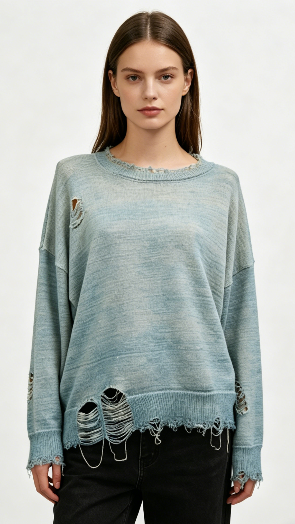 Distressed Light Blue Cotton Knit Sweater