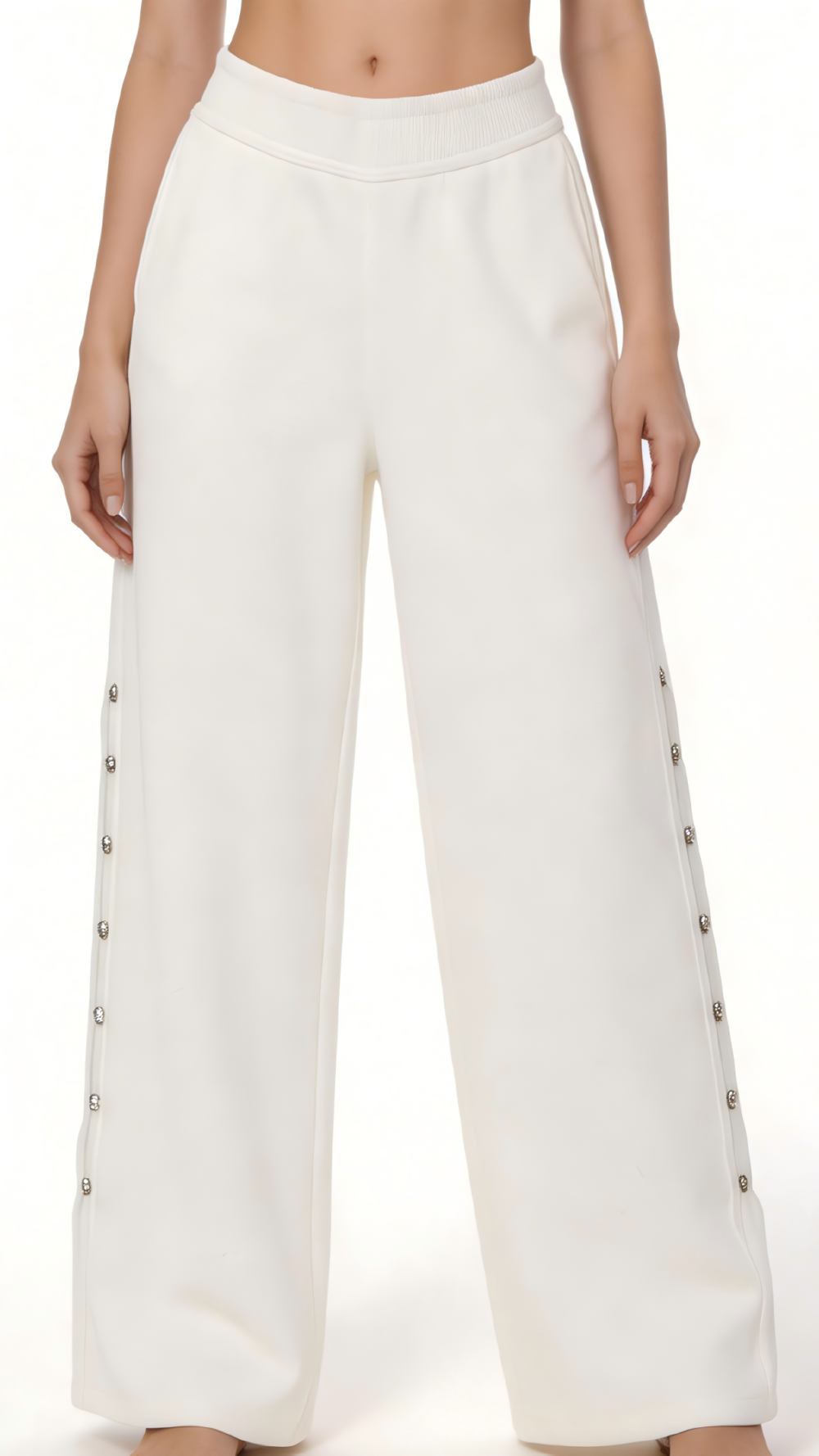 White Rhinestone Button Wide-Leg Knit Pants