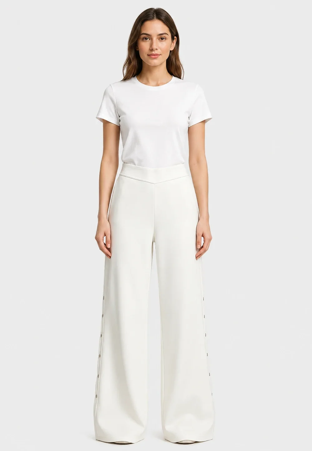White Rhinestone Button Wide-Leg Knit Pants