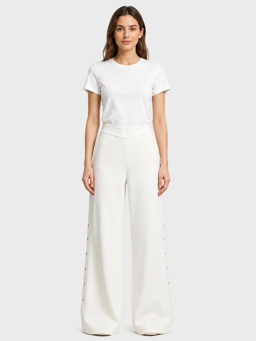 White Rhinestone Button Wide-Leg Knit Pants 1 White Rhinestone Button Wide-Leg Knit Pants