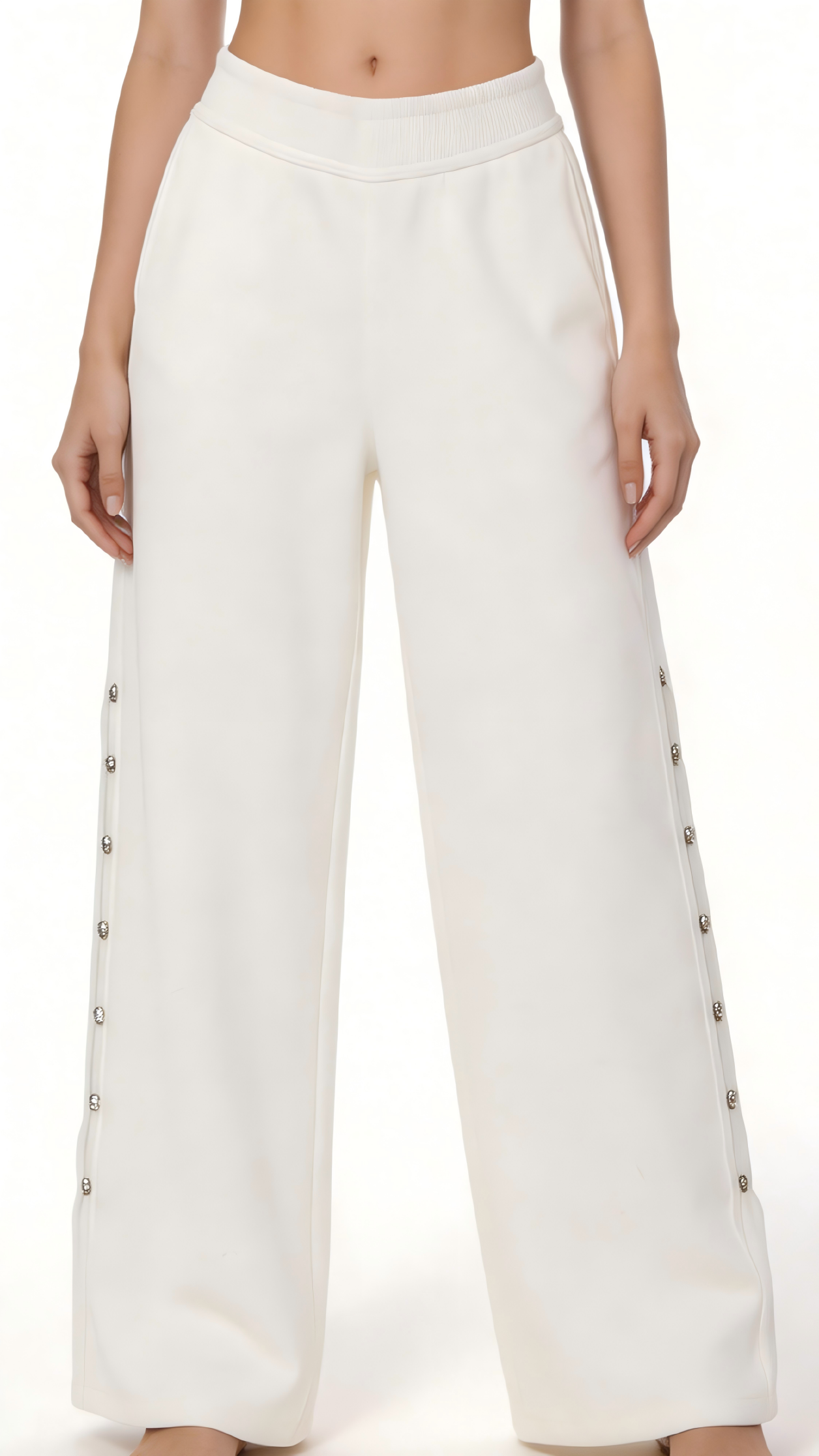 White Rhinestone Button Wide-Leg Knit Pants