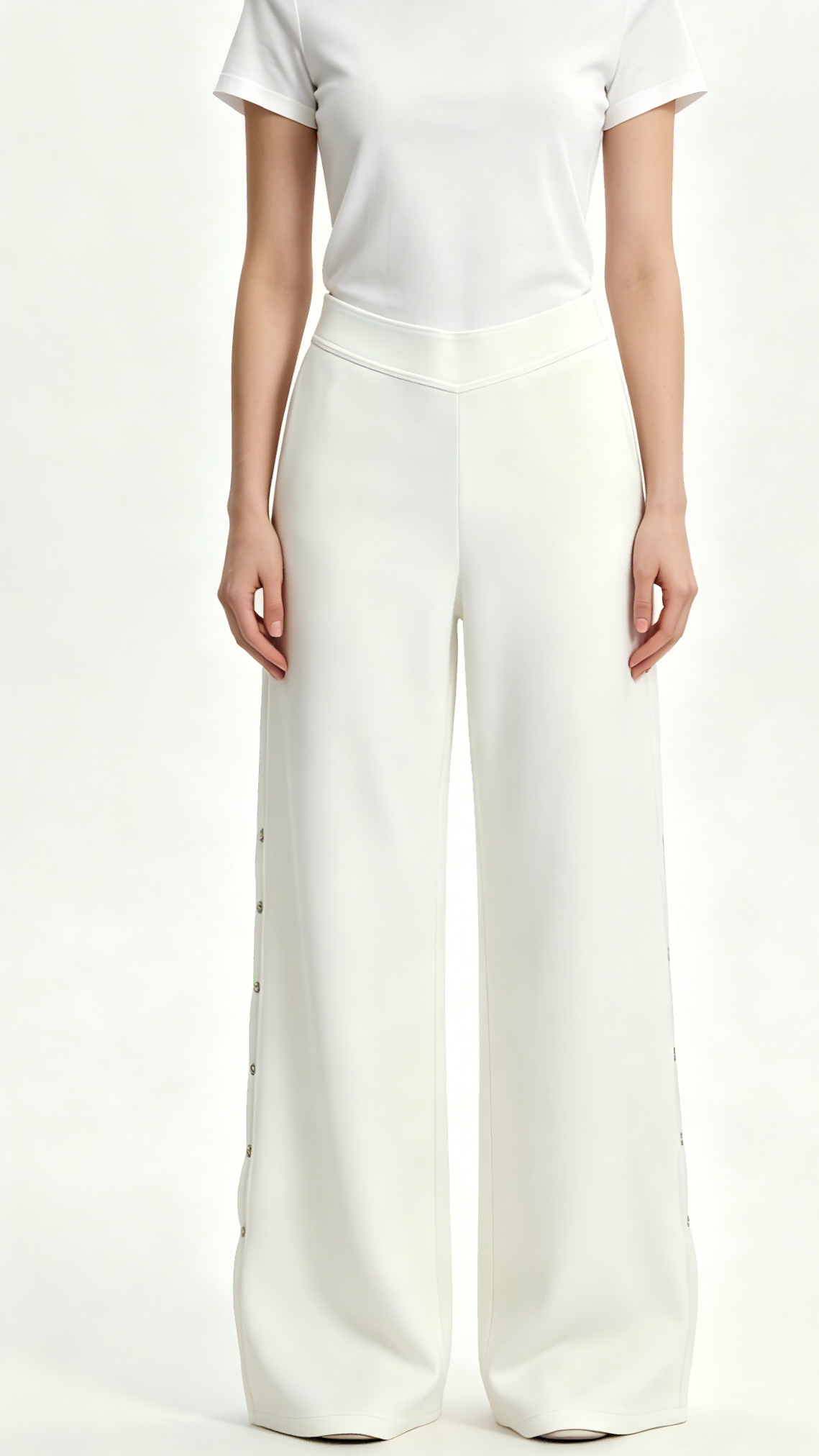 White Rhinestone Button Wide-Leg Knit Pants 1 White Rhinestone Button Wide-Leg Knit Pants