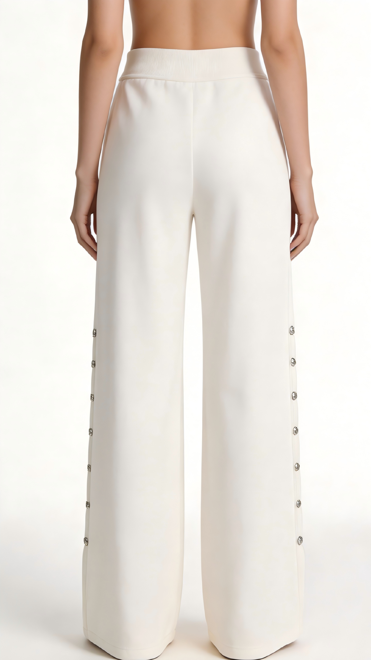 White Rhinestone Button Wide-Leg Knit Pants - Image 2