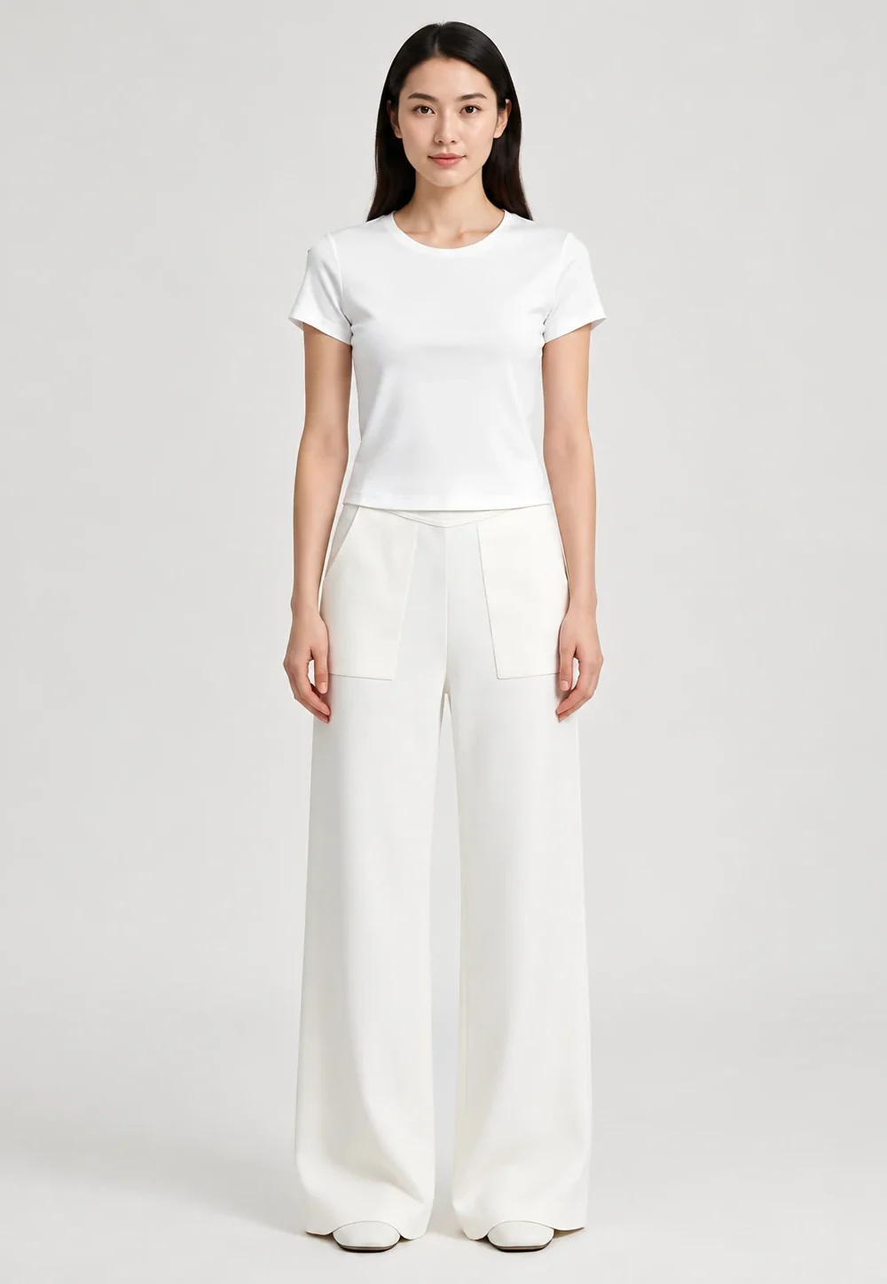 White Patch Pocket Wide-Leg Knit Pants