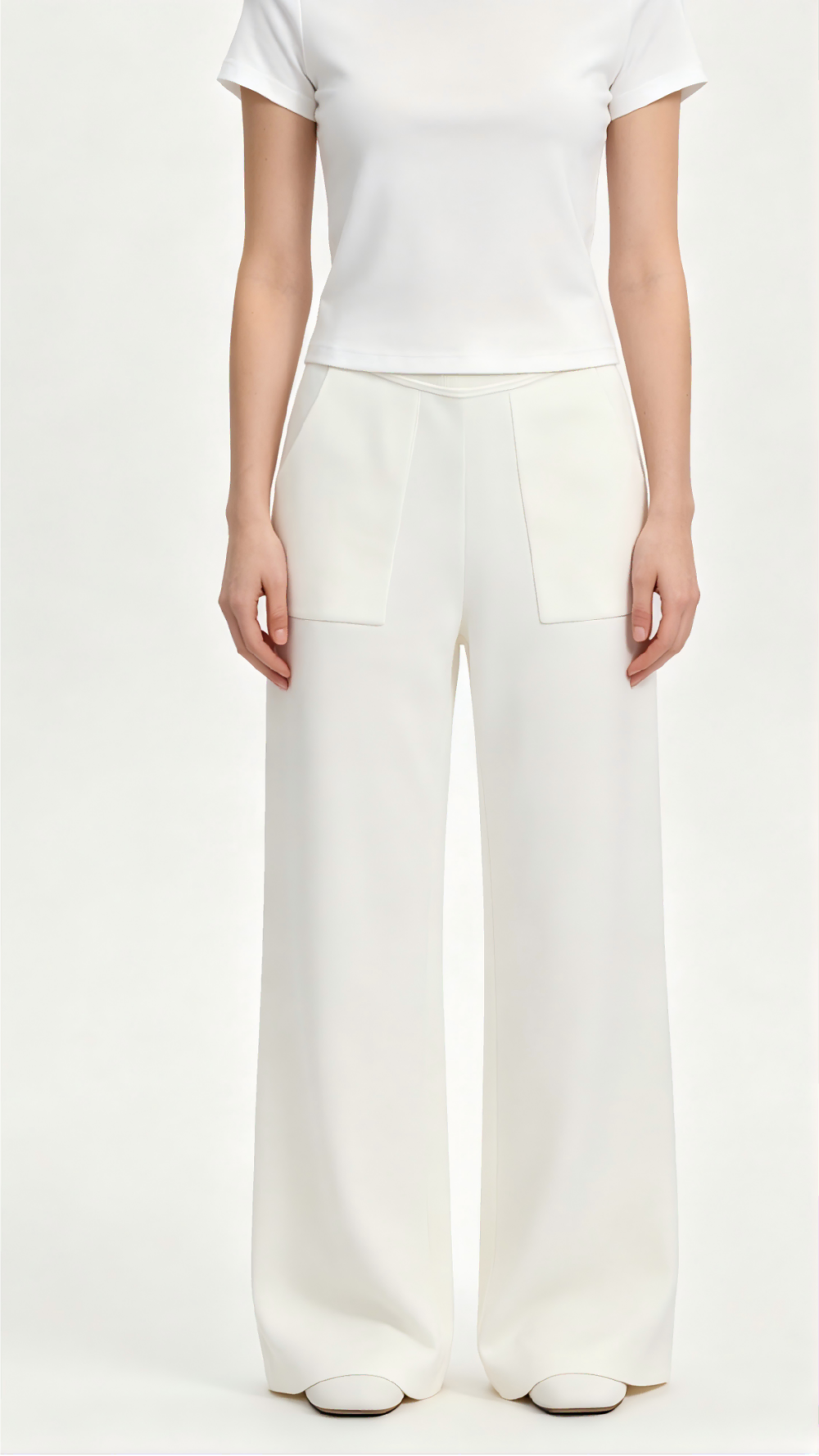 White Patch Pocket Wide-Leg Knit Pants