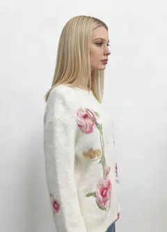 Floral Embroidered Plush Knit Cardigan 3 Cream Blossom Oversized Fuzzy Knit Cardigan