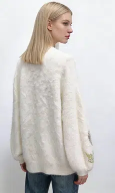Floral Embroidered Plush Knit Cardigan 4 Cream Blossom Oversized Fuzzy Knit Cardigan