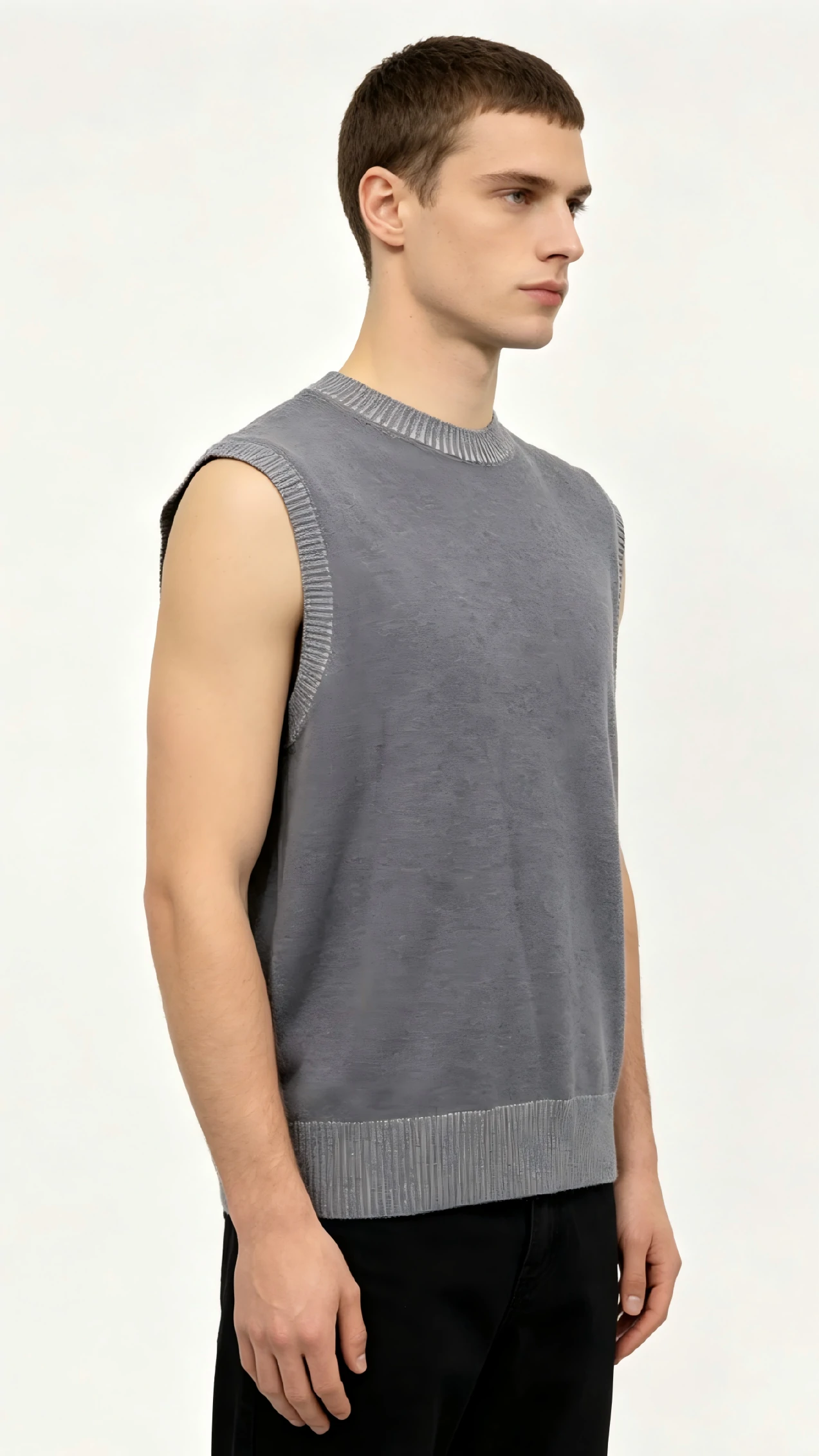 Grey Crew Neck Knit Vest with Metallic Trim 2 Grey Crew Neck Knit Vest with Metallic Trim - Image 2