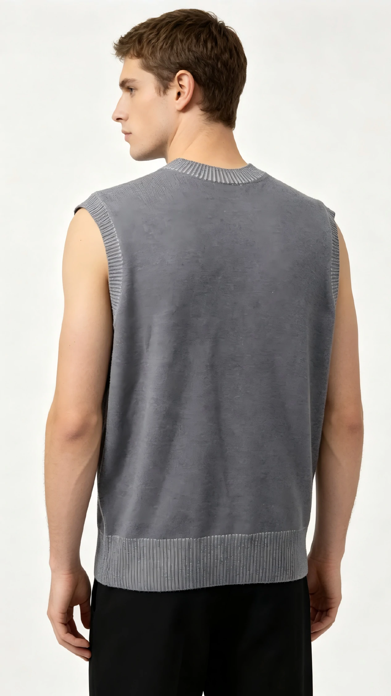 Grey Crew Neck Knit Vest with Metallic Trim 3 Grey Crew Neck Knit Vest with Metallic Trim - Image 3