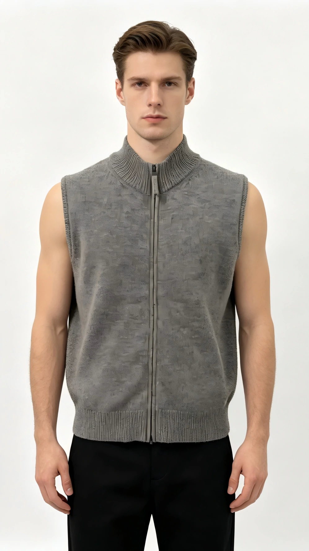 Grey Stand Collar Zip-Up Knit Vest 3 Grey Stand Collar Zip-Up Knit Vest - Image 3