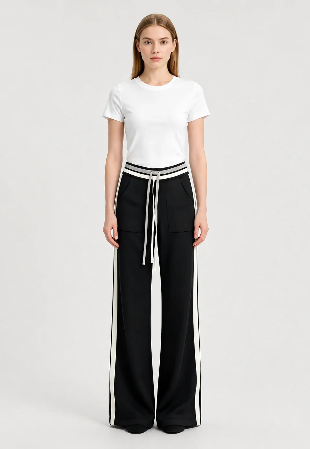 Black and White Side Stripe Wide-Leg Pants – Chic Everyday Knit Trousers