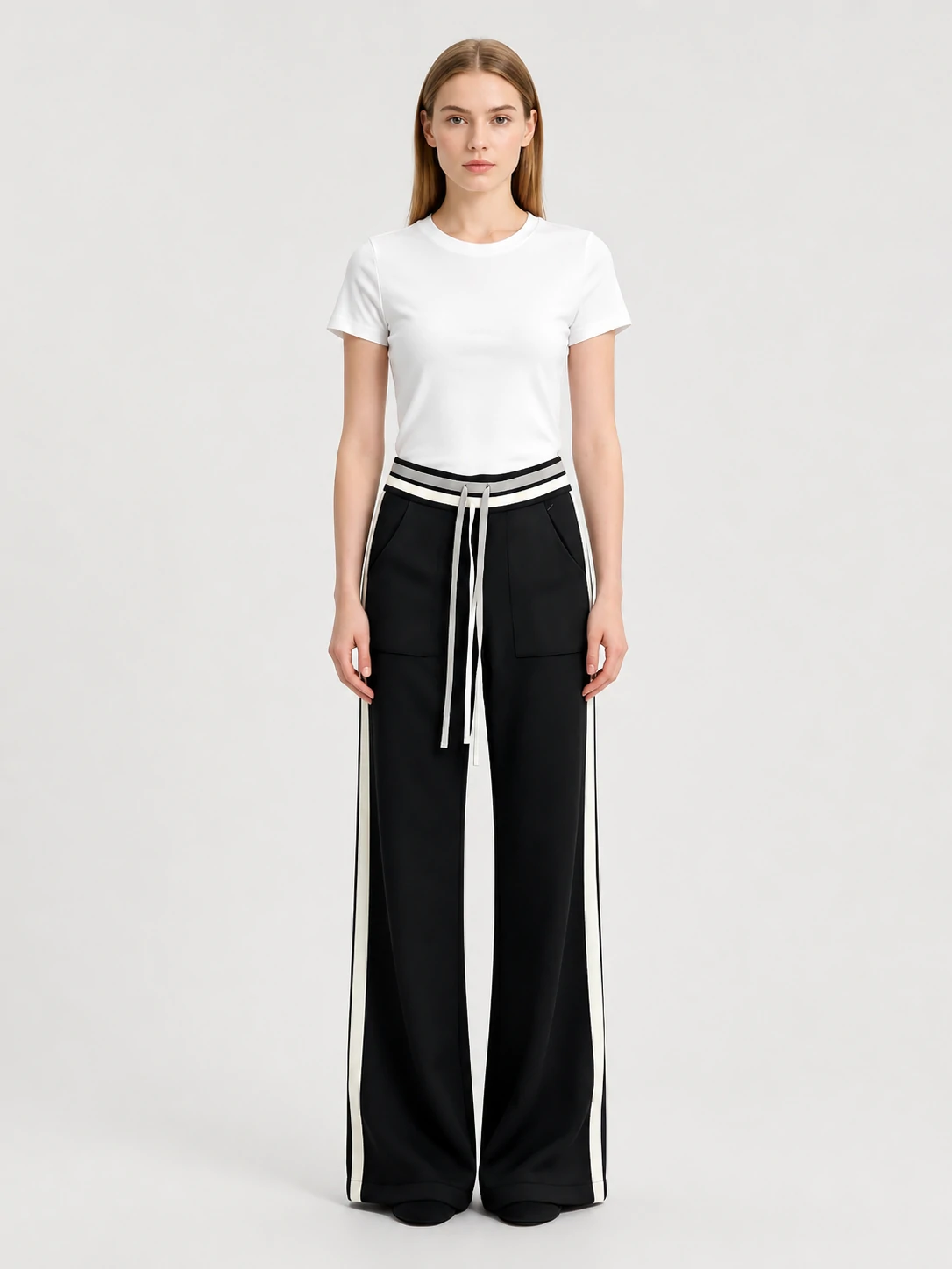 Black and White Side Stripe Wide-Leg Pants – Chic Everyday Knit Trousers 1 Black and White Side Stripe Wide-Leg Pants – Chic Everyday Knit Trousers