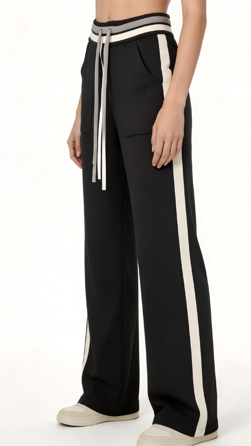 Black and White Side Stripe Wide-Leg Pants