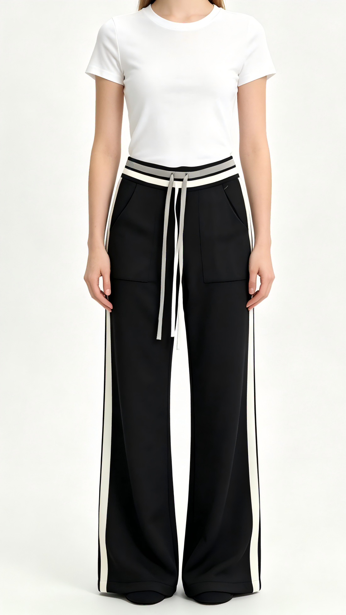 Black and White Side Stripe Wide-Leg Pants – Chic Everyday Knit Trousers 1 Black and White Side Stripe Wide-Leg Pants – Chic Everyday Knit Trousers