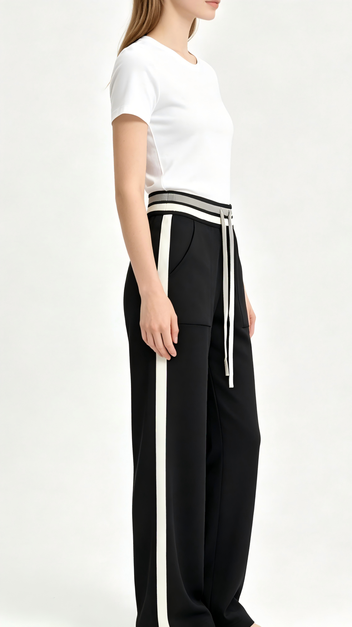 Black and White Side Stripe Wide-Leg Pants – Chic Everyday Knit Trousers 2 Black and White Side Stripe Wide-Leg Pants – Chic Everyday Knit Trousers - Image 2