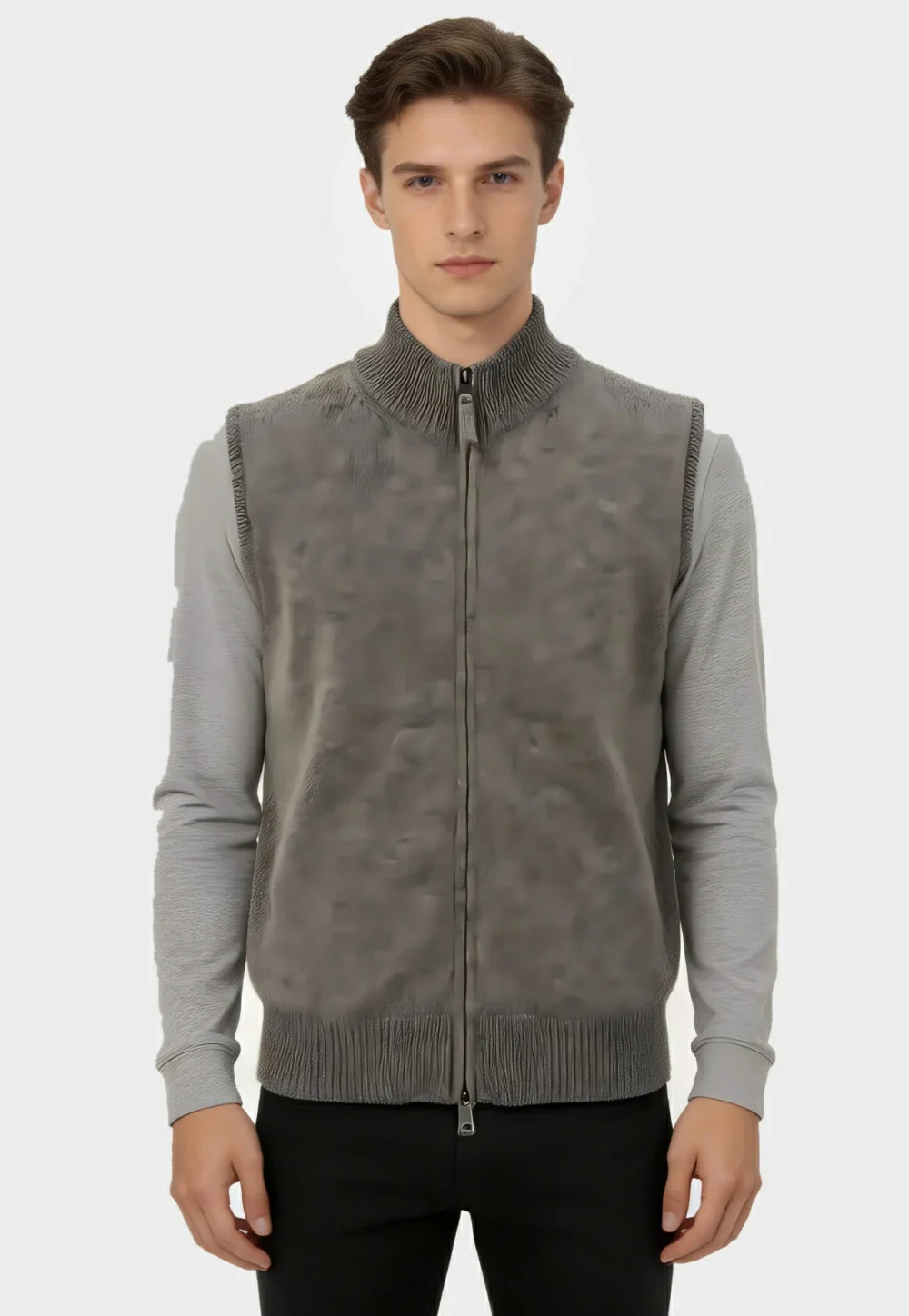 Grey Stand Collar Zip-Up Knit Vest