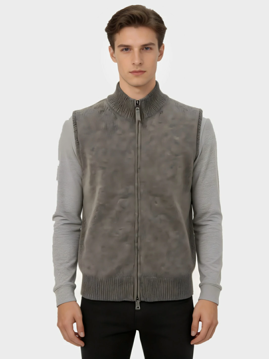 Grey Stand Collar Zip-Up Knit Vest 1 Grey Stand Collar Zip-Up Knit Vest