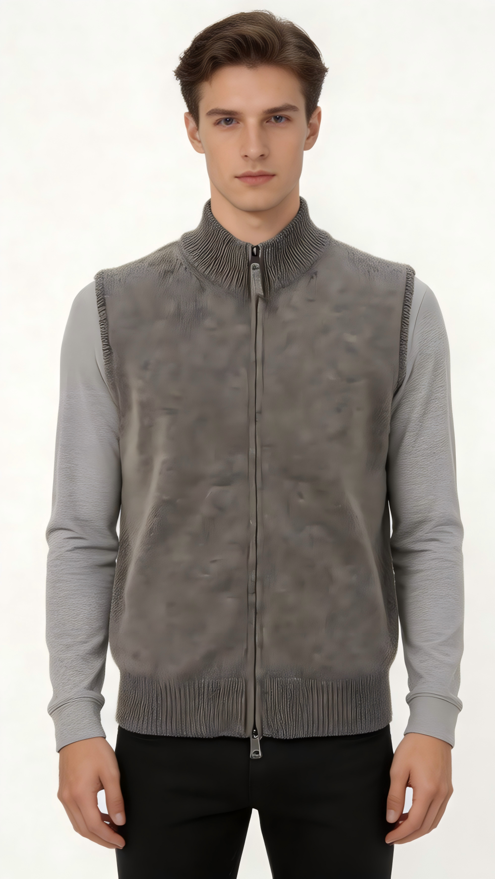 Grey Stand Collar Zip-Up Knit Vest