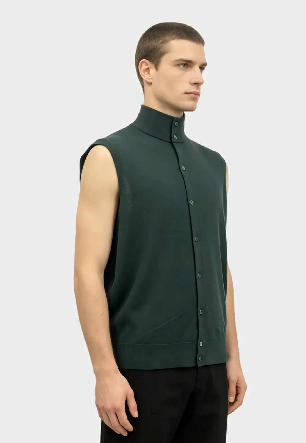 Dark Green Stand Collar Button Knit Vest