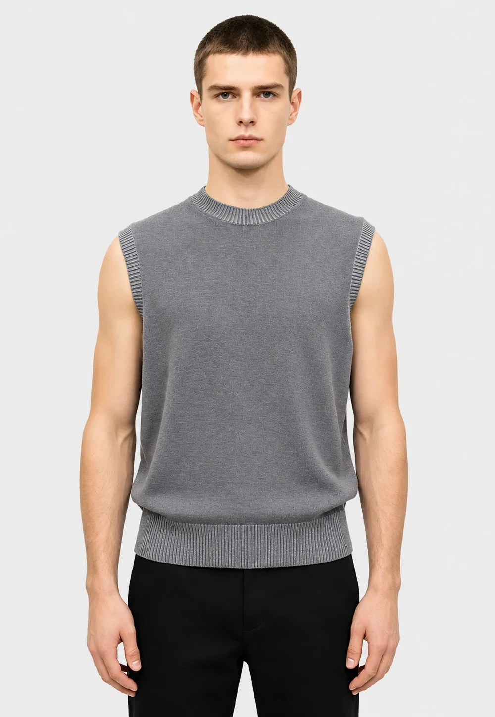 Grey Crew Neck Knit Vest with Metallic Trim