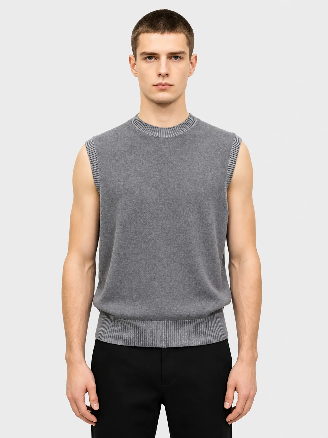 Grey Crew Neck Knit Vest with Metallic Trim 1 Grey Crew Neck Knit Vest with Metallic Trim