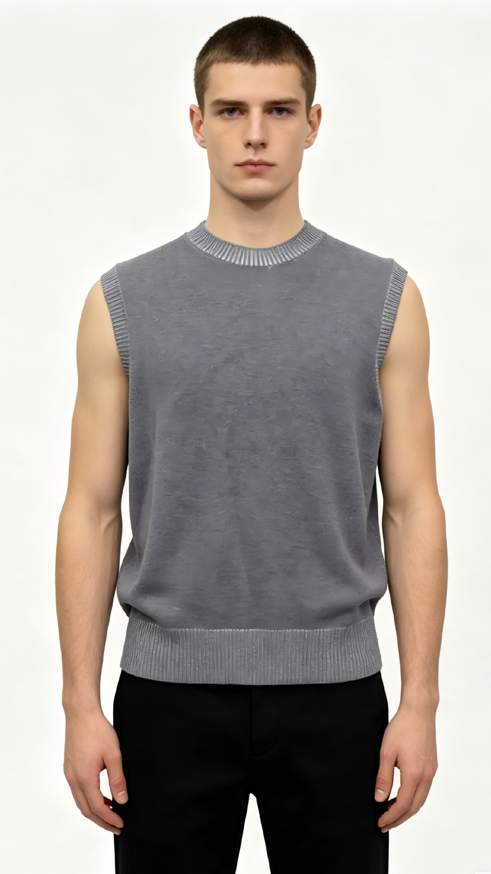 Grey Crew Neck Knit Vest with Metallic Trim