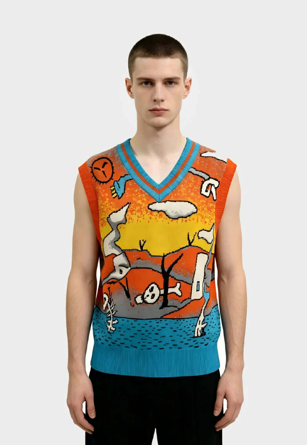 Graphic Print V-Neck Knit Vest