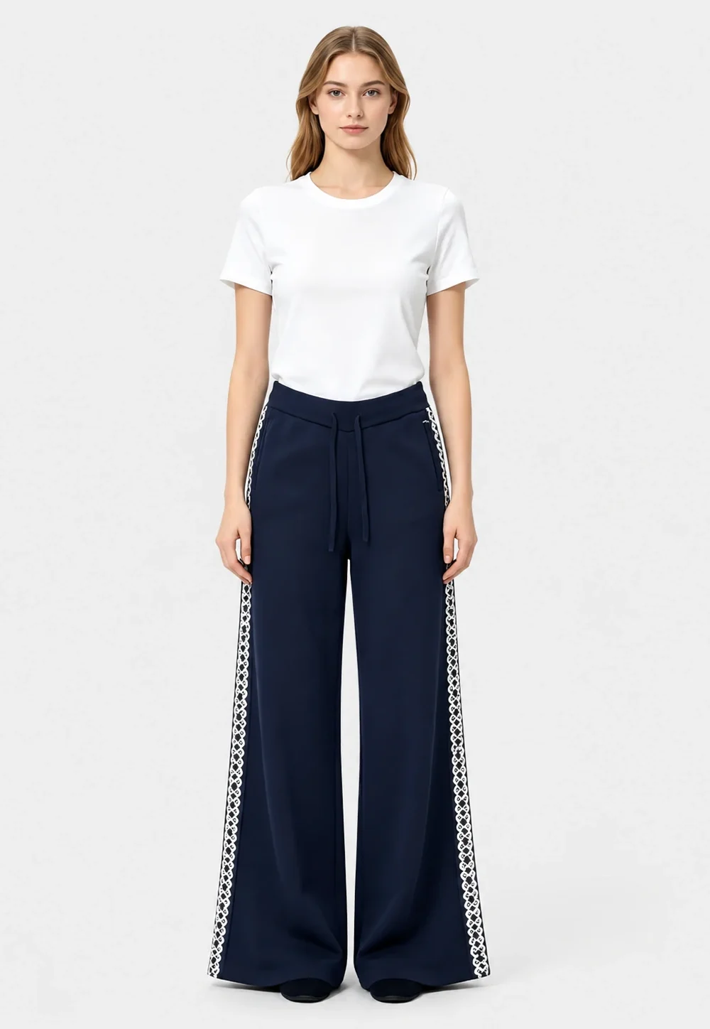 Navy Blue Wide-Leg Pants with White Geometric Embroidery