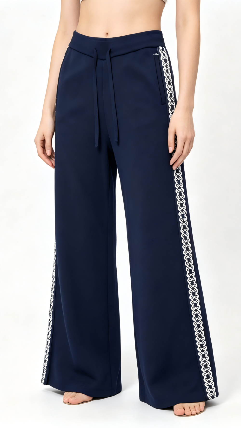 Navy Blue Wide-Leg Pants with White Geometric Embroidery