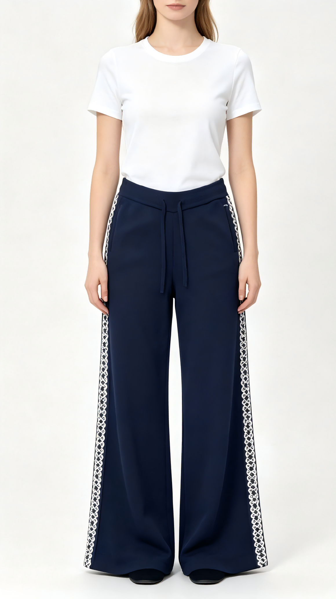 Navy Blue Wide-Leg Pants with White Geometric Embroidery 1 Navy Blue Wide-Leg Pants with White Geometric Embroidery