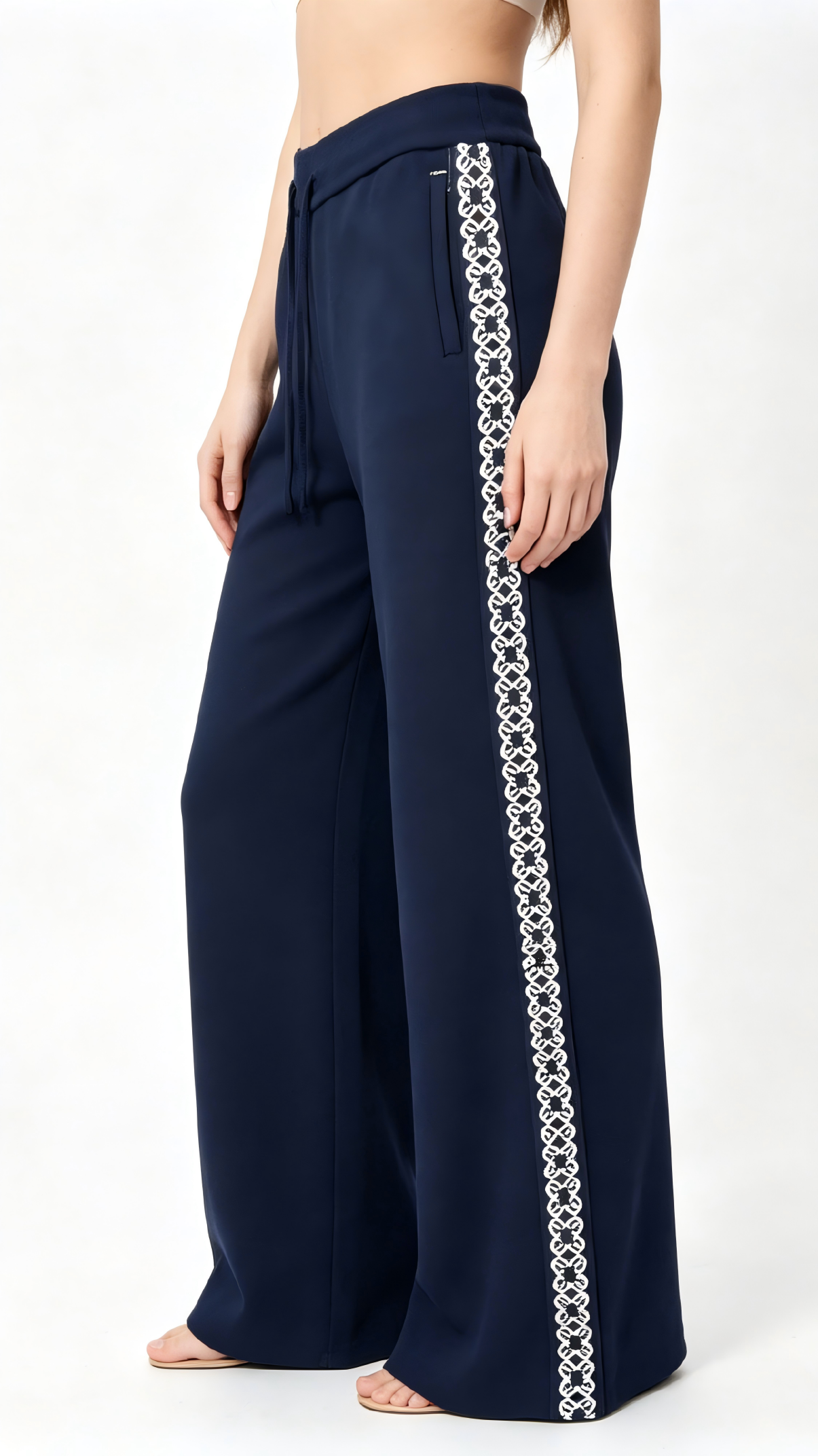 Navy Blue Wide-Leg Pants with White Geometric Embroidery - Image 2