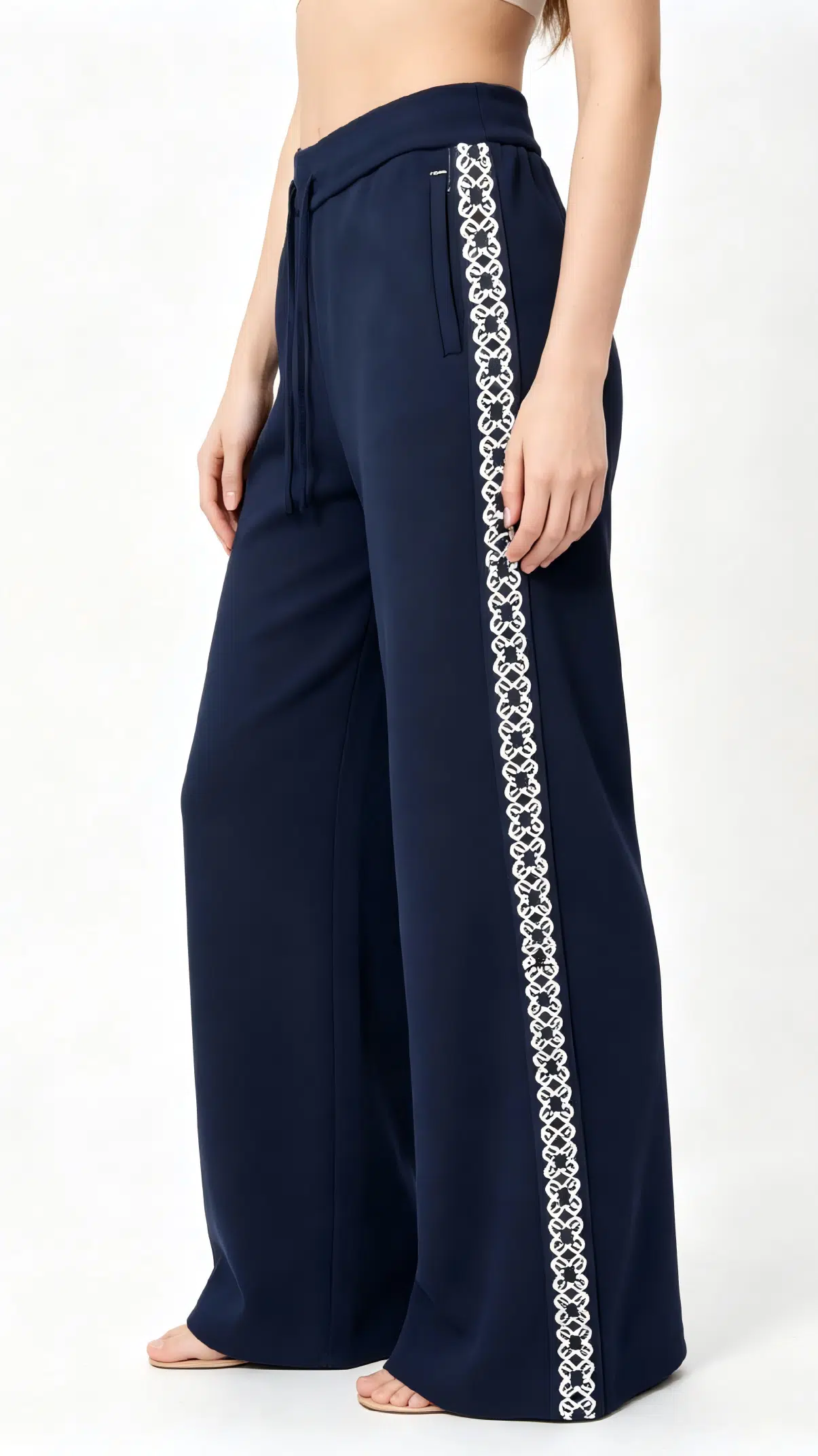 Navy Blue Wide-Leg Pants with White Geometric Embroidery 2 High-Waisted Knit Wide-Leg Trousers with Side Chain Detail