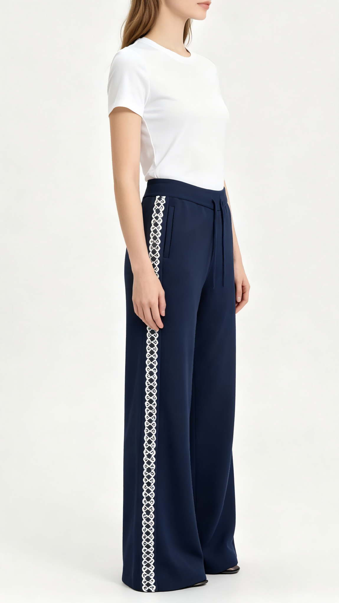 Navy Blue Wide-Leg Pants with White Geometric Embroidery 2 Navy Blue Wide-Leg Pants with White Geometric Embroidery - Image 2