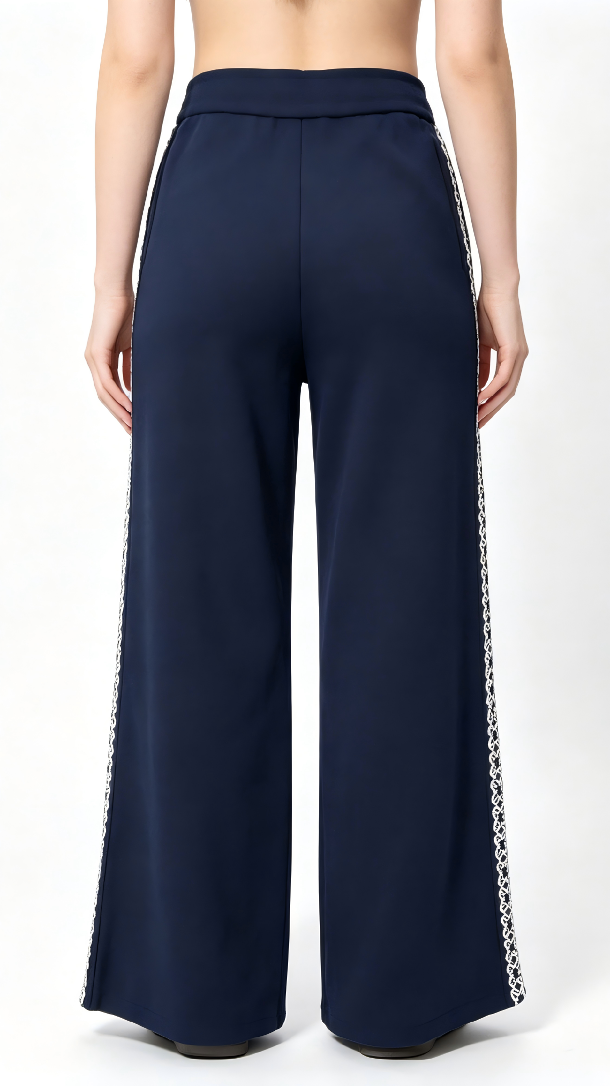 Navy Blue Wide-Leg Pants with White Geometric Embroidery - Image 3