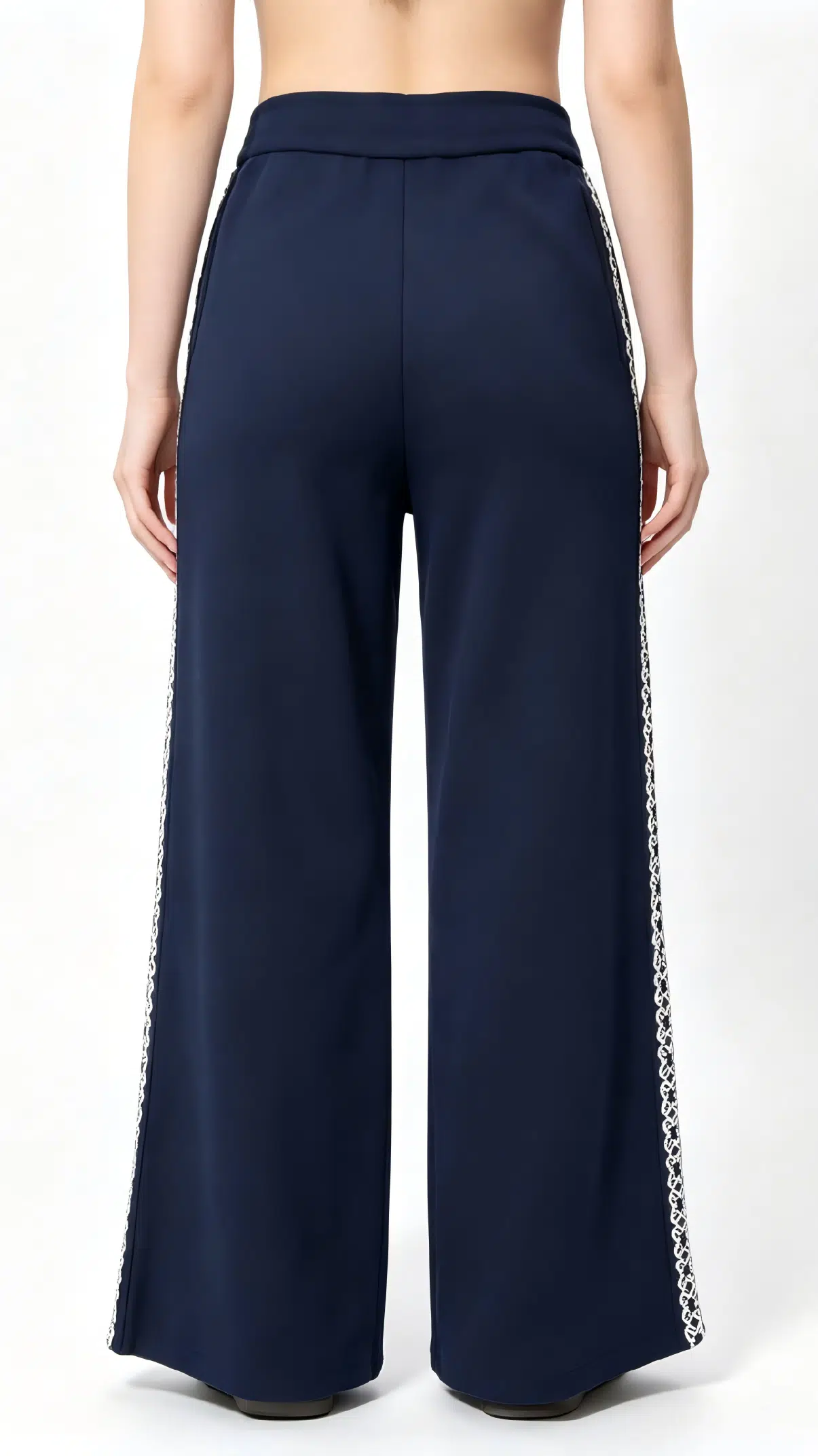 Navy Blue Wide-Leg Pants with White Geometric Embroidery 3 Navy Chain-Embroidered Wide-Leg Knit Pants
