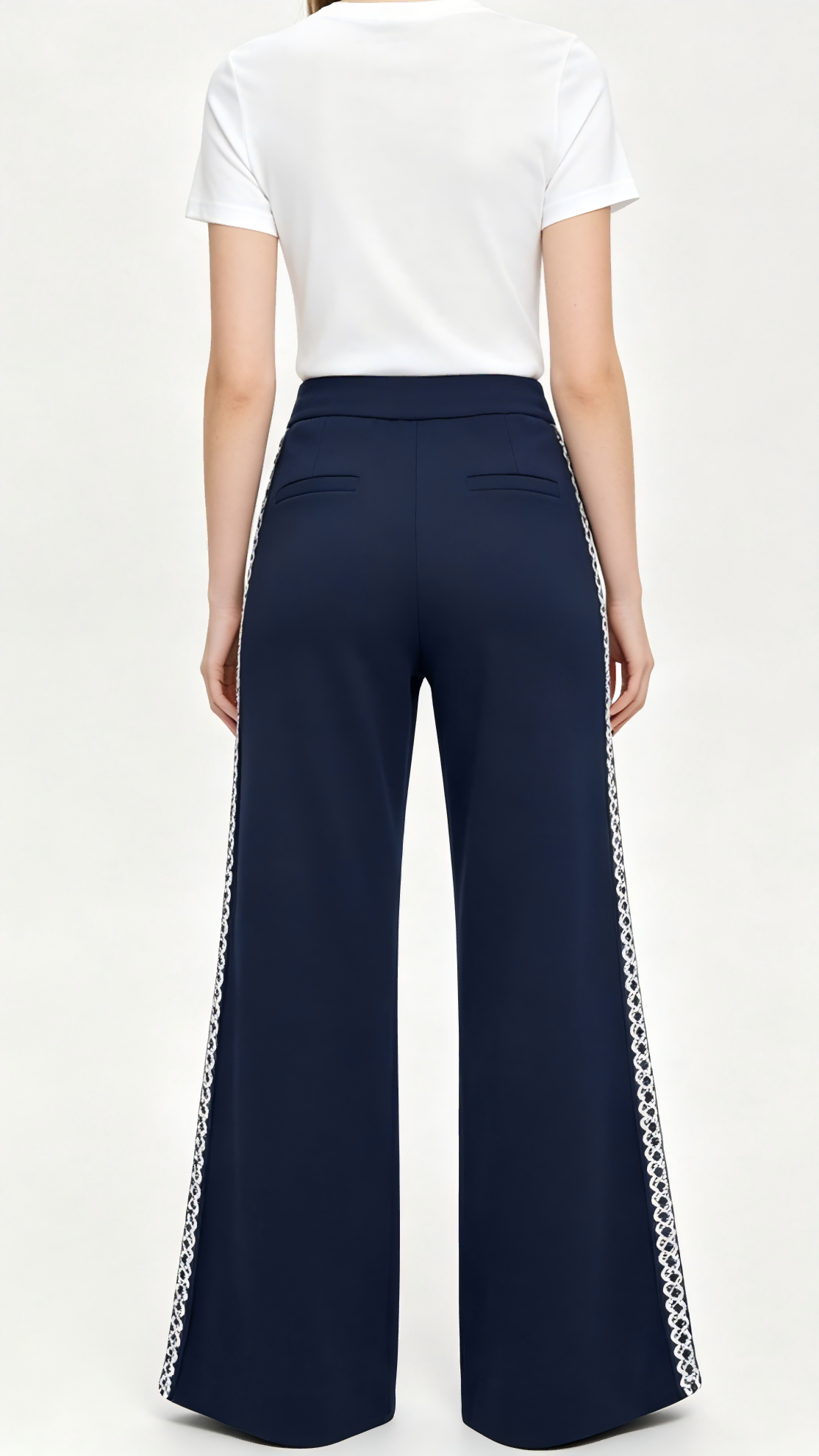 Navy Blue Wide-Leg Pants with White Geometric Embroidery 3 Navy Blue Wide-Leg Pants with White Geometric Embroidery - Image 3