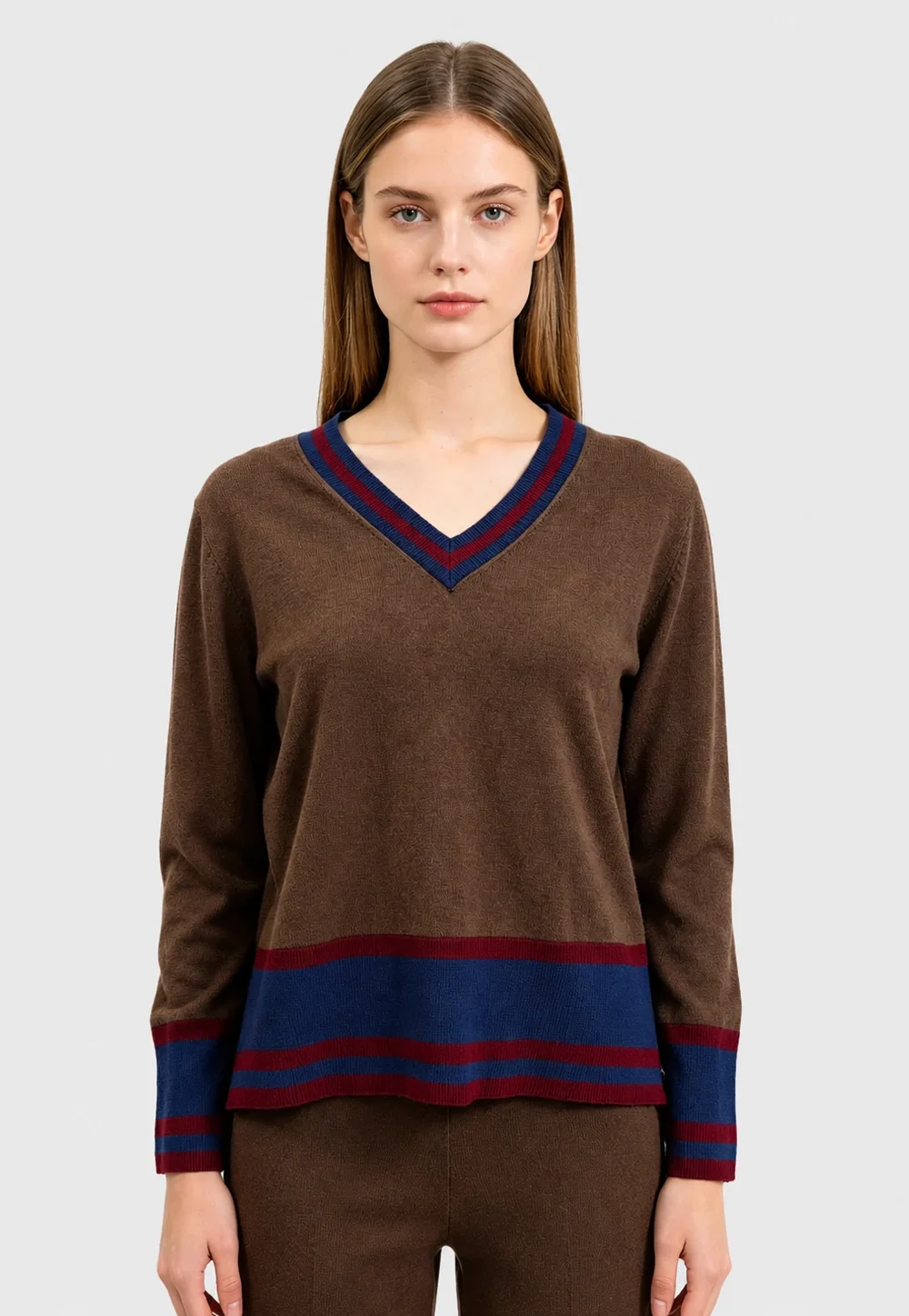 Brown V-Neck Knit Sweater with Contrast Color Trim