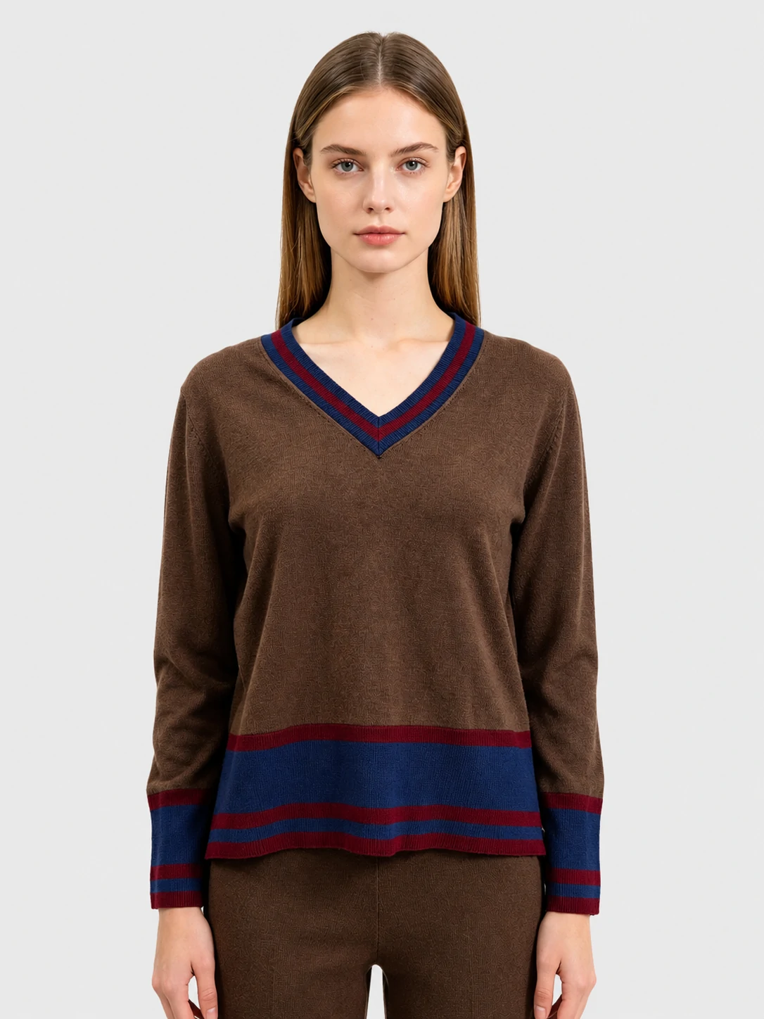Brown V-Neck Knit Sweater with Contrast Color Trim 1 Brown V-Neck Knit Sweater with Contrast Color Trim