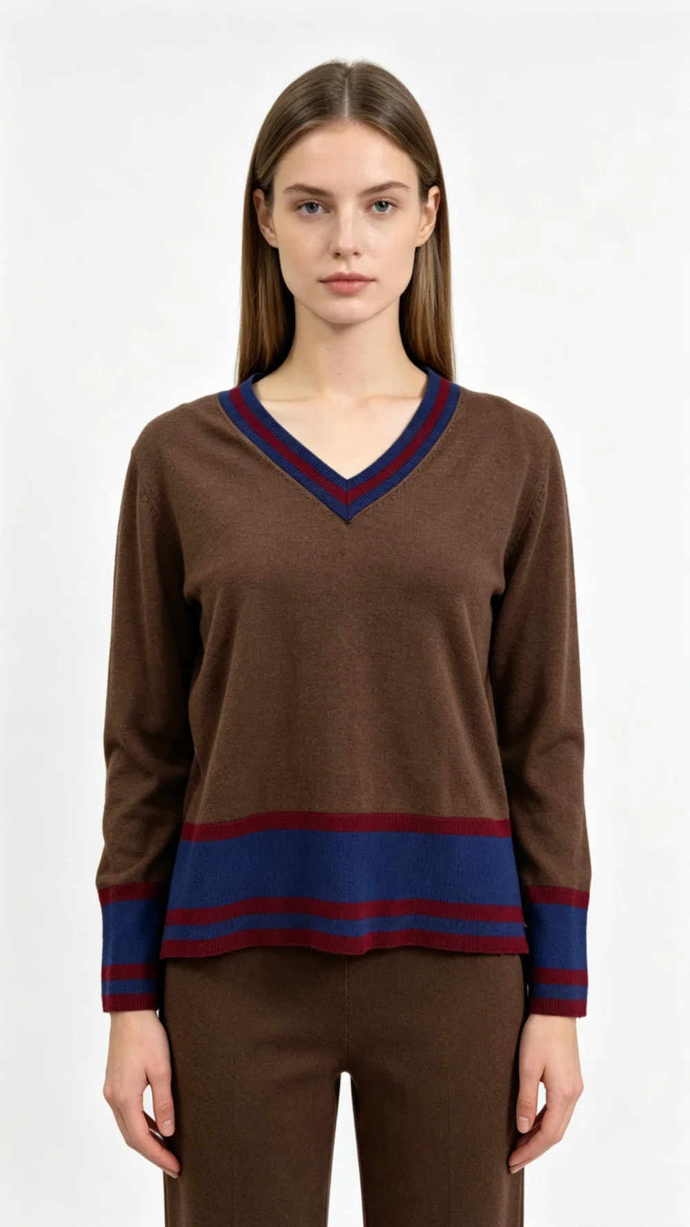 Brown V-Neck Knit Sweater with Contrast Color Trim
