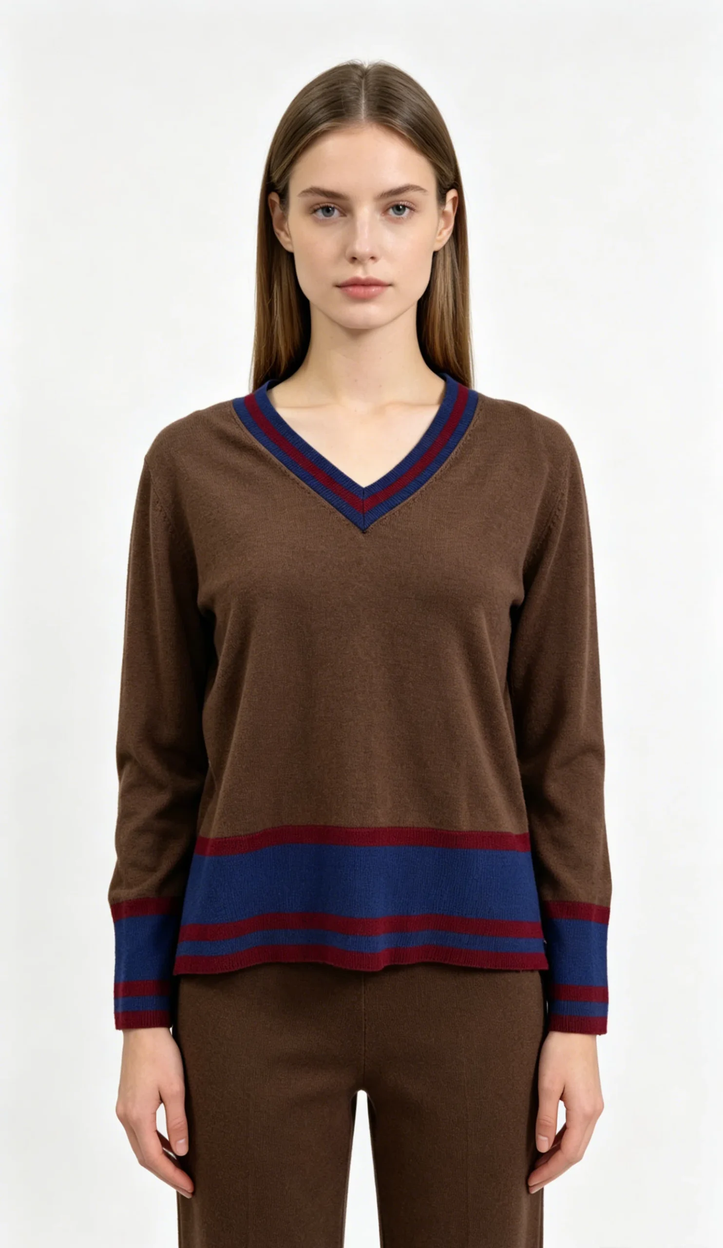 Brown V-Neck Knit Sweater with Contrast Color Trim 1 Brown V-Neck Knit Sweater with Contrast Color Trim