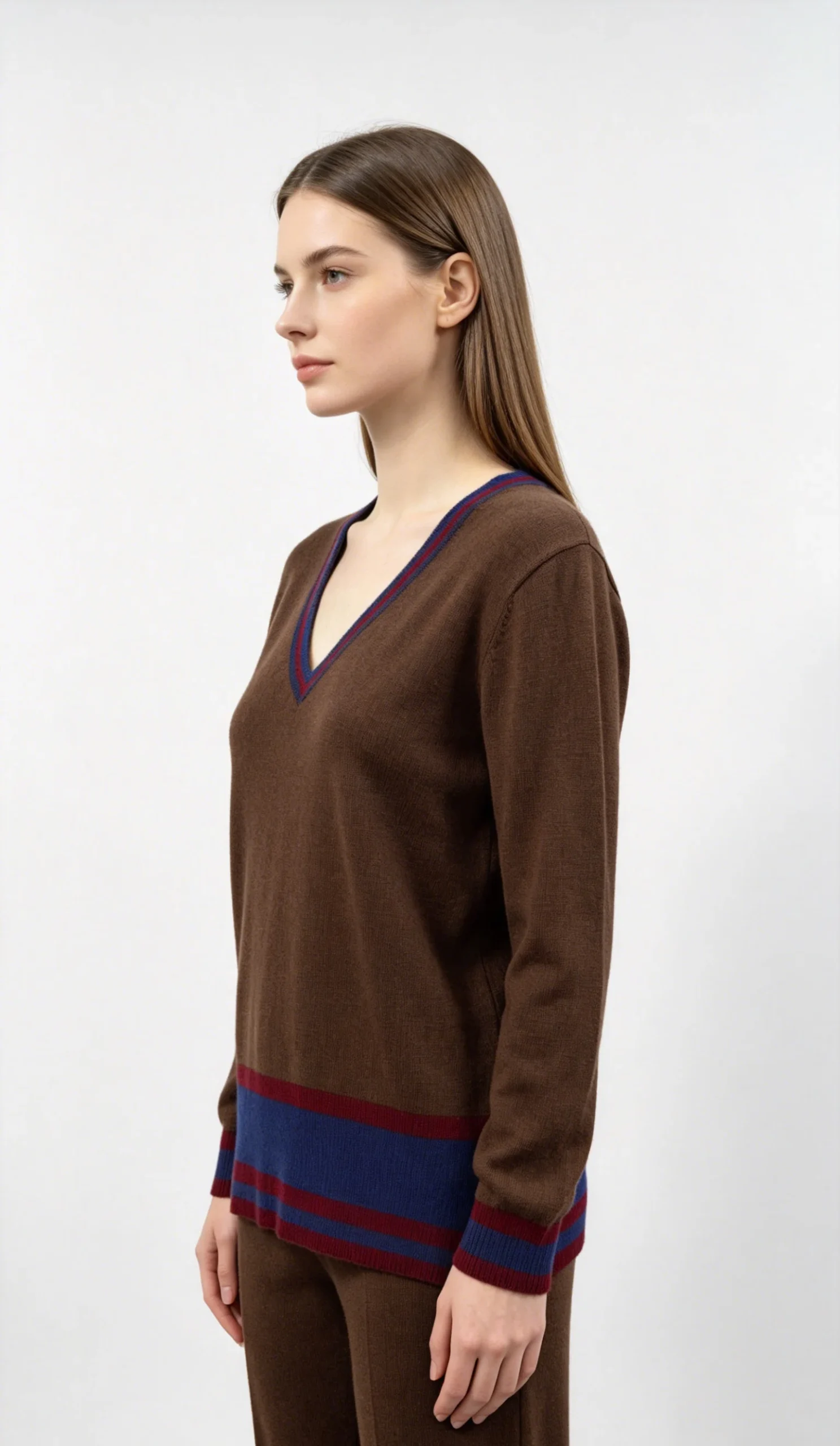 Brown V-Neck Knit Sweater with Contrast Color Trim 2 Brown V-Neck Knit Sweater with Contrast Color Trim - Image 2