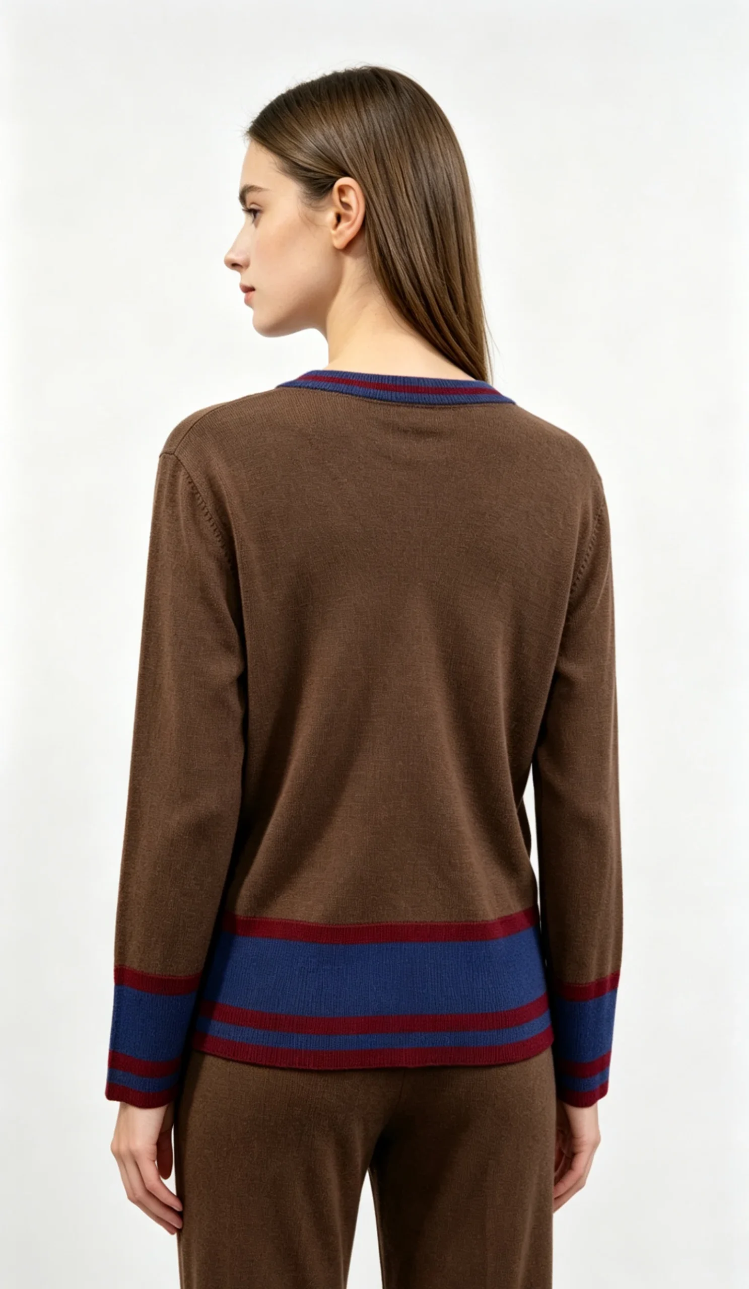 Brown V-Neck Knit Sweater with Contrast Color Trim 3 Brown V-Neck Knit Sweater with Contrast Color Trim - Image 3