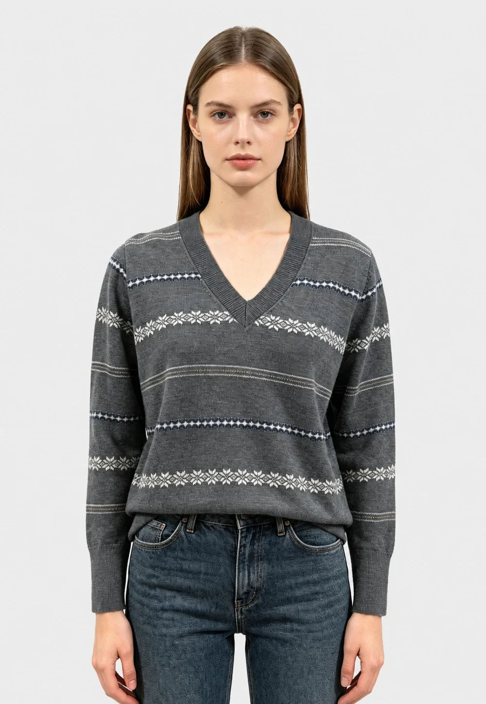 Grey V-Neck Fair Isle Knit Sweater
