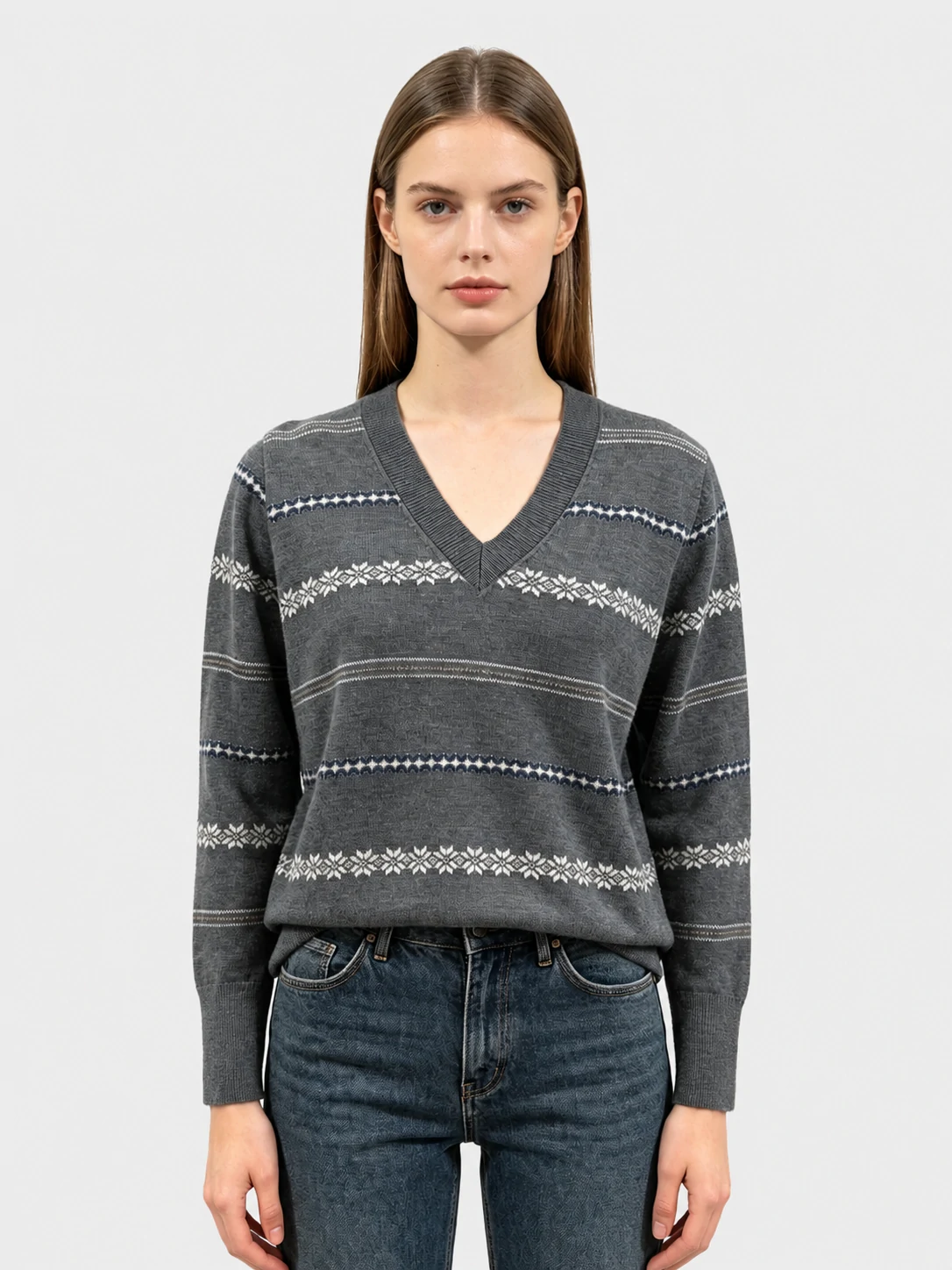 Grey V-Neck Fair Isle Knit Sweater 1 Grey V-Neck Fair Isle Knit Sweater
