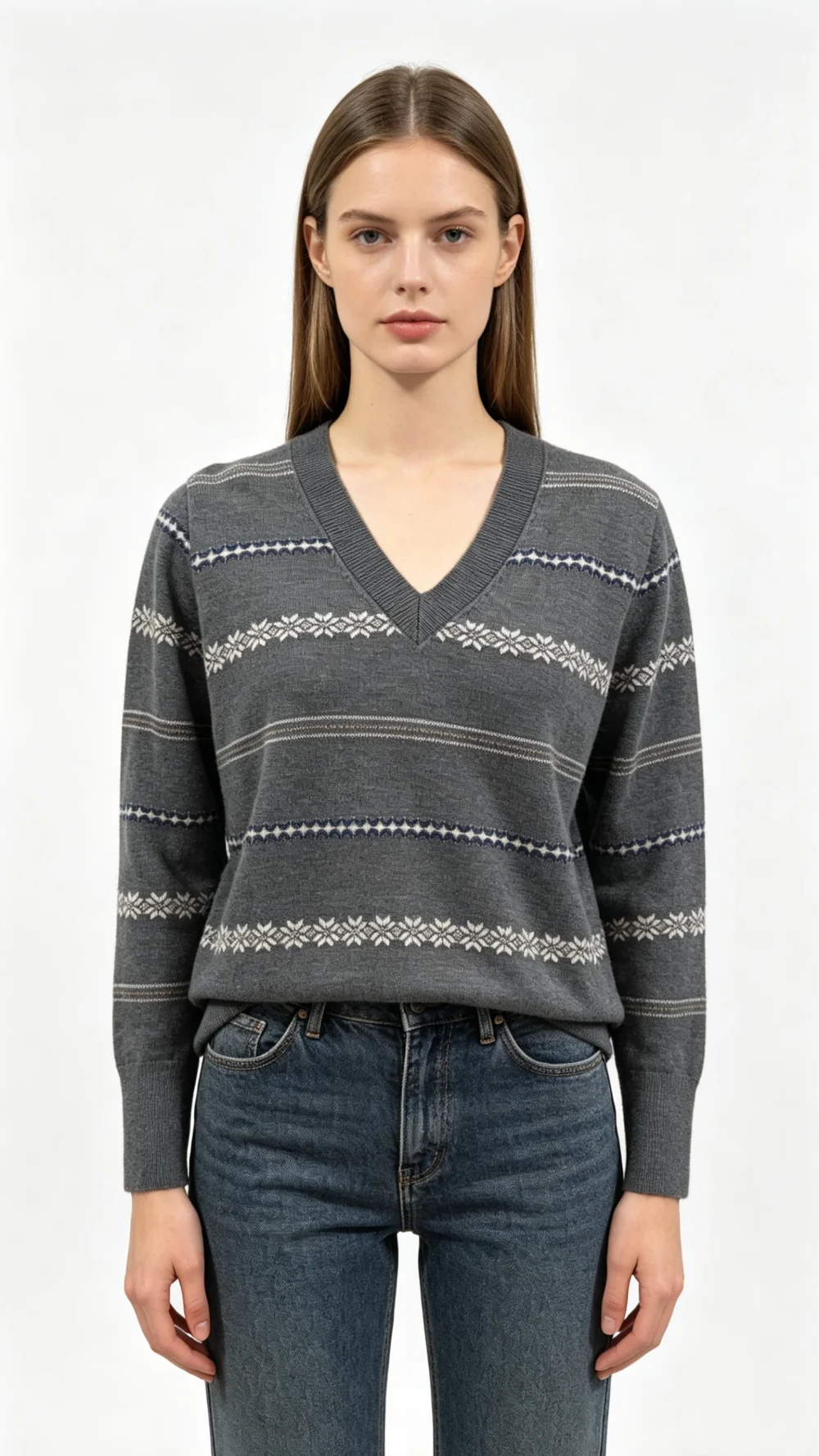 Grey V-Neck Fair Isle Knit Sweater