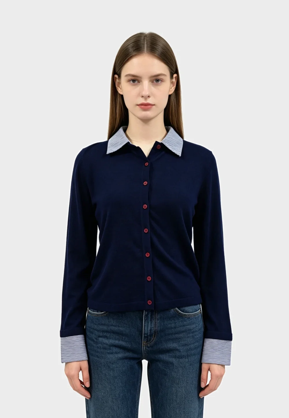 Navy Blue Knit Shirt with Striped Collar and Cuffs